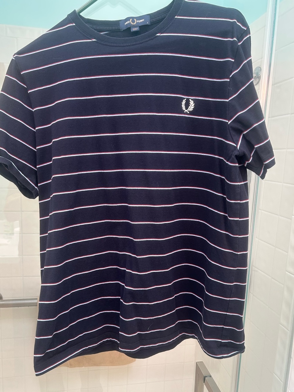 Fred Perry Navy T-Shirt with White and Pink Stripes